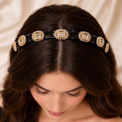 Wukusy gold stone studded designer hair band featuring elegant gold accents and sparkling stones, perfect for stylish hair accessories.
