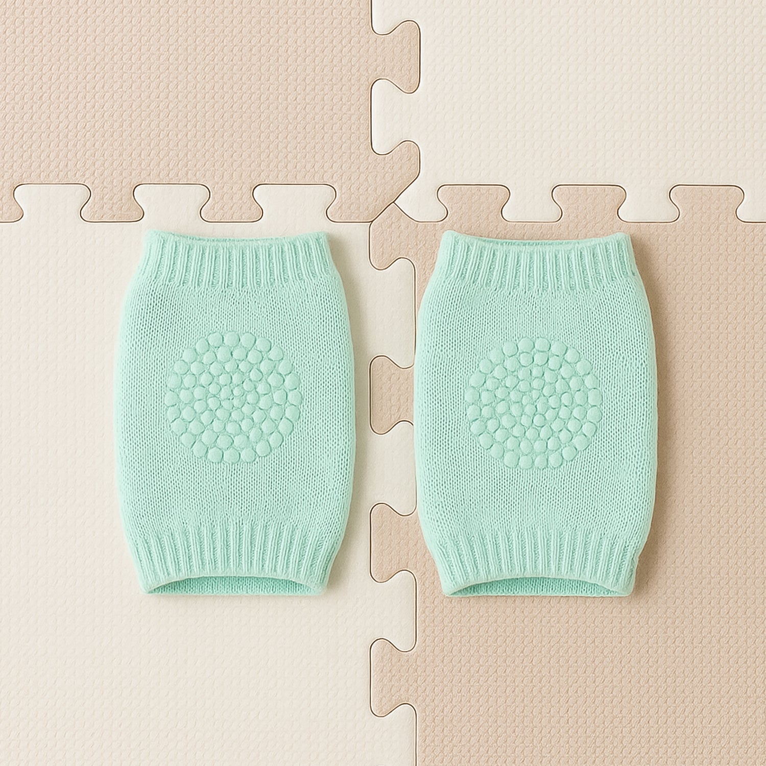 Mint green toddler wool knit leg warmer with knee guard by Wukusy, designed for baby care and warmth.