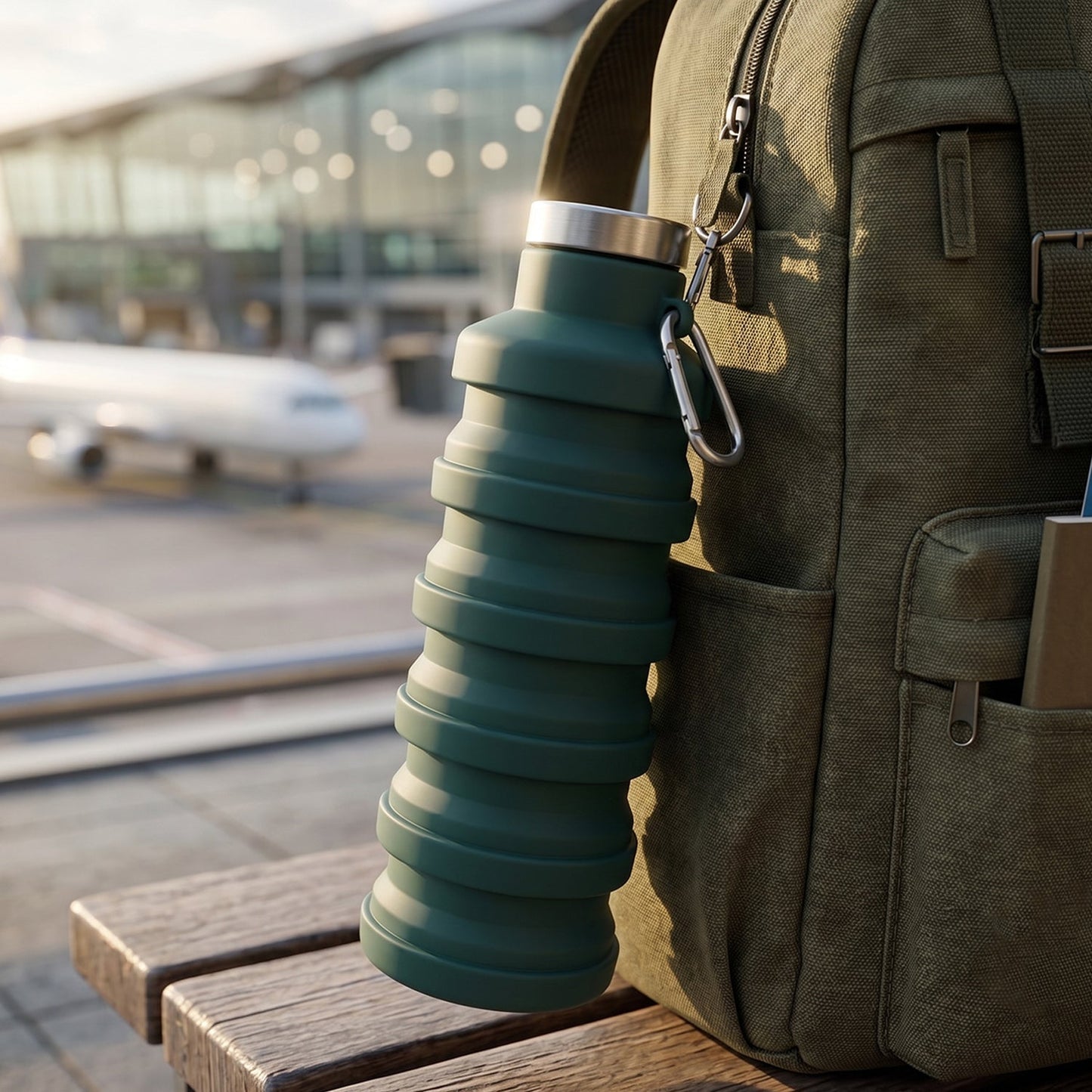 Silicone foldable collapsible Wukusy travel sports water bottle, leak-proof, 500ml capacity, shown in a compact, portable design