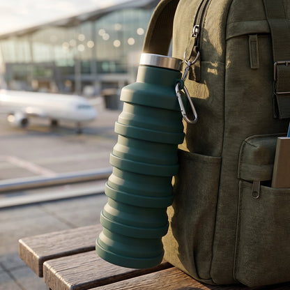 Silicone foldable collapsible Wukusy travel sports water bottle, leak-proof, 500ml capacity, shown in a compact, portable design