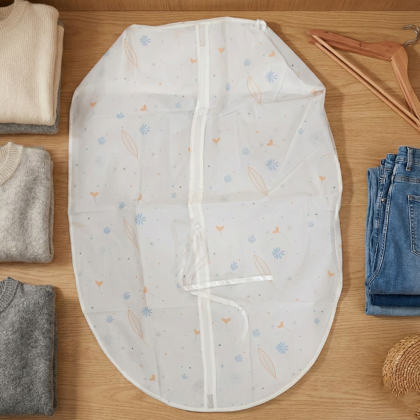 Wukusy multipurpose non-woven garment storage cover hanging on a closet rod, protecting clothes from dust and dirt.