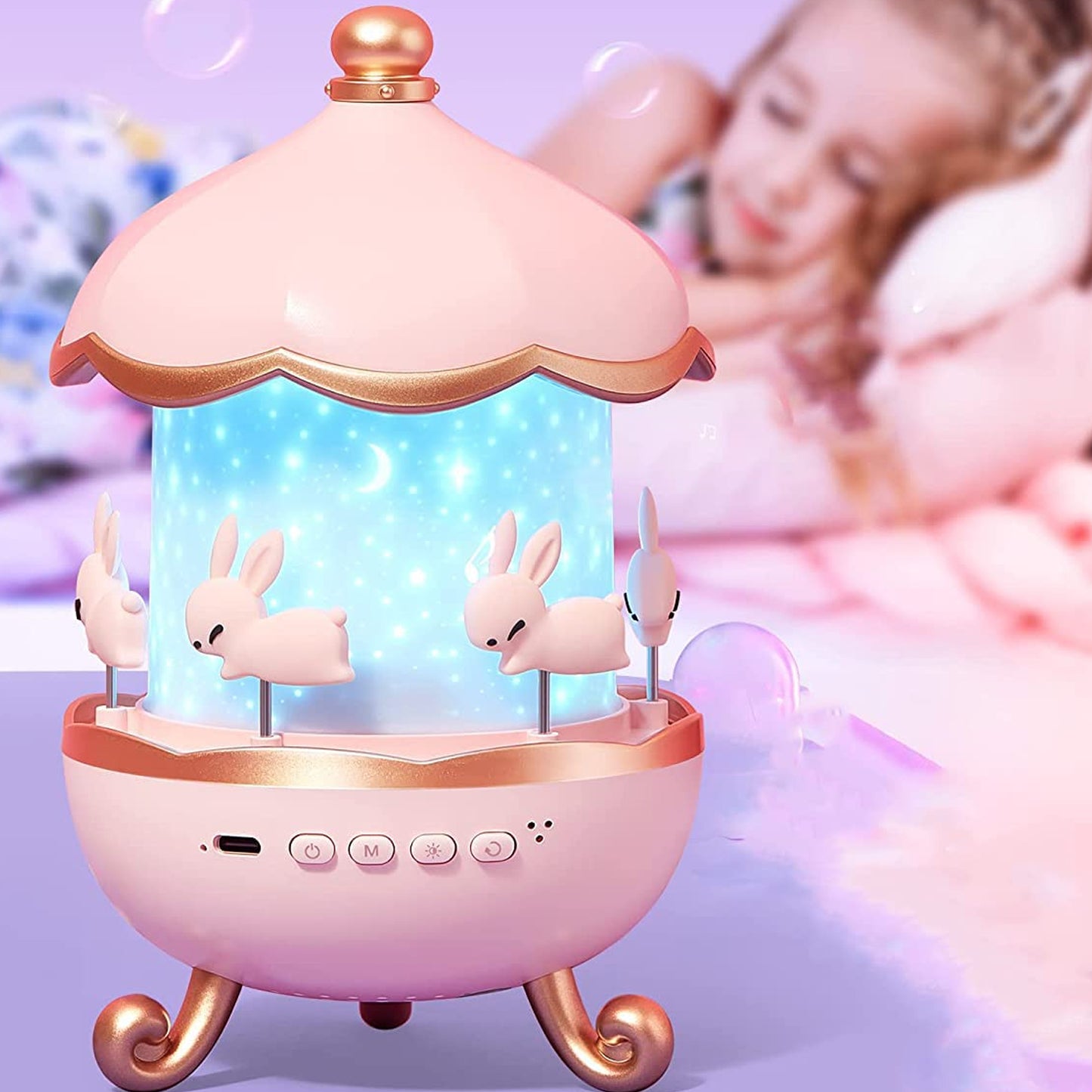 Wukusy Bunny's Carousel rotating LED night light as a charming home decor piece with colorful bunny illustrations.