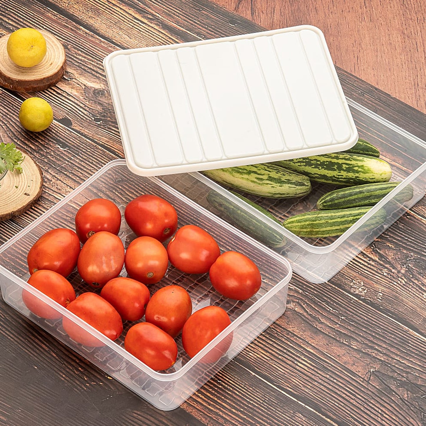 Wukusy 3-pack plastic food storage containers with lids, stackable fridge organizer boxes for vegetables and freezer storage.