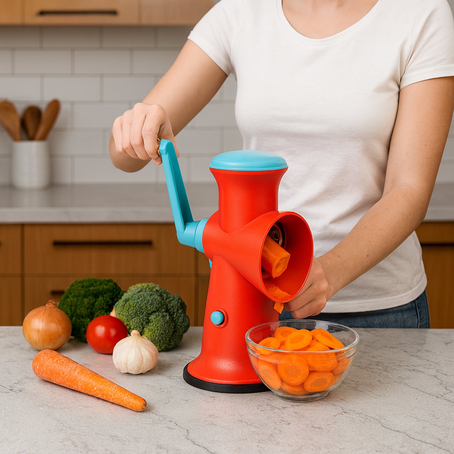 Wukusy Apex 4-in-1 Signature Rotary Grater with interchangeable blades for versatile food preparation in the kitchen.