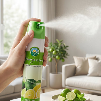 Wukusy Lime Zest air freshener spray bottle, 220ml, with fresh lime scent and vibrant citrus label visible.