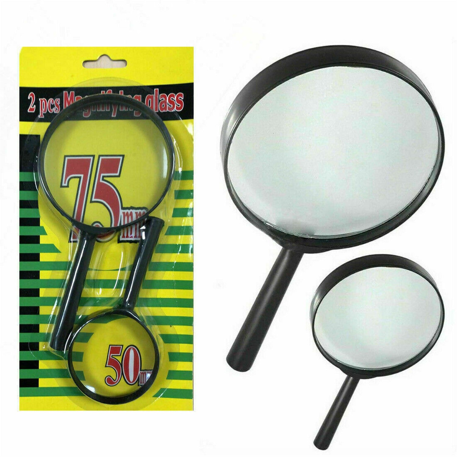 Wukusy 9144 magnifying glass set with two real glass lenses, 75mm and 50mm, breakage-proof reading aids for home improvement.