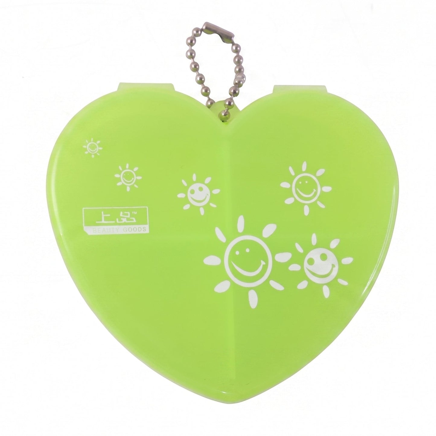 Wukusy heart-shaped plastic pill organizer box with four compartments and keychain, ideal for storing daily medication or vitamins.