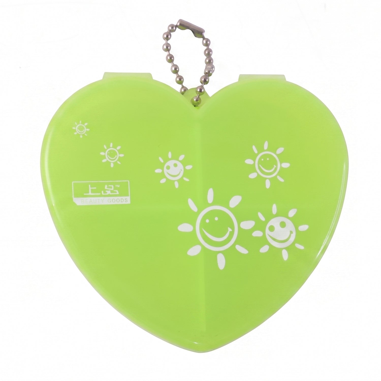 Wukusy heart-shaped plastic pill organizer box with four compartments and keychain, ideal for storing daily medication or vitamins.