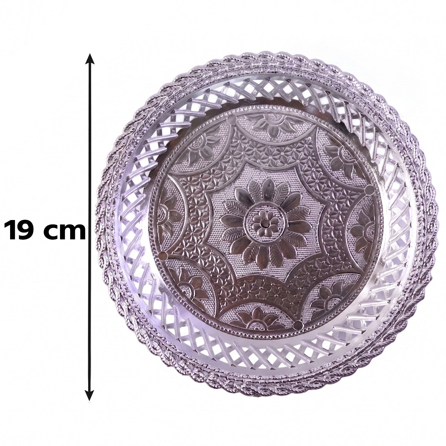 Decorative silver round serving tray with floral design by Wukusy, featuring elegant detailing and a polished finish.