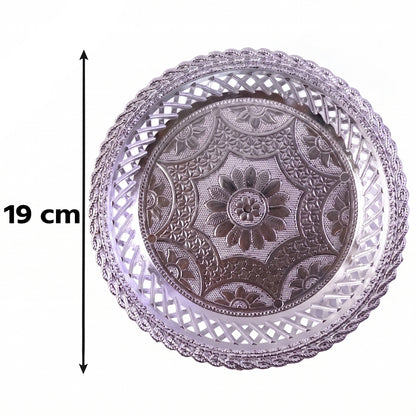 Decorative silver round serving tray with floral design by Wukusy, featuring elegant detailing and a polished finish.