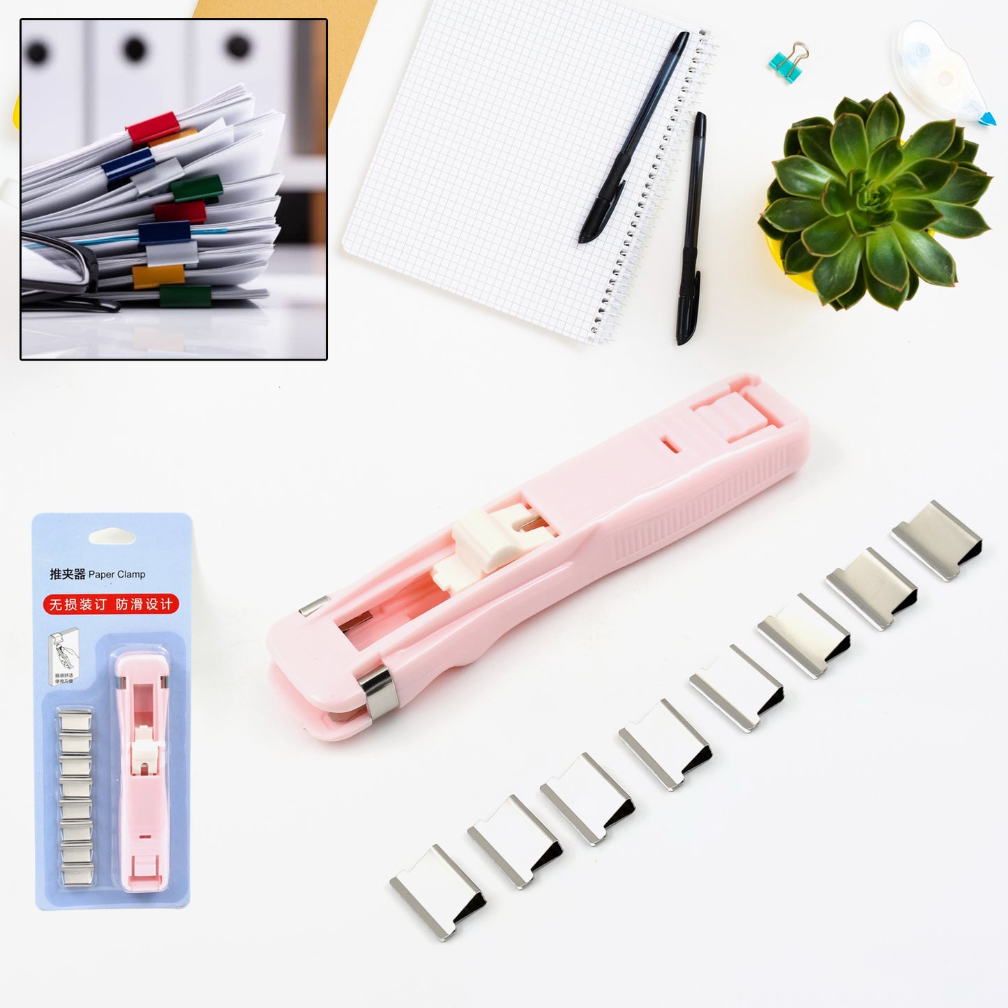 Wukusy portable paper clamp with 8 clips in a handheld clip dispenser, ideal for office use and quick paper fastening.