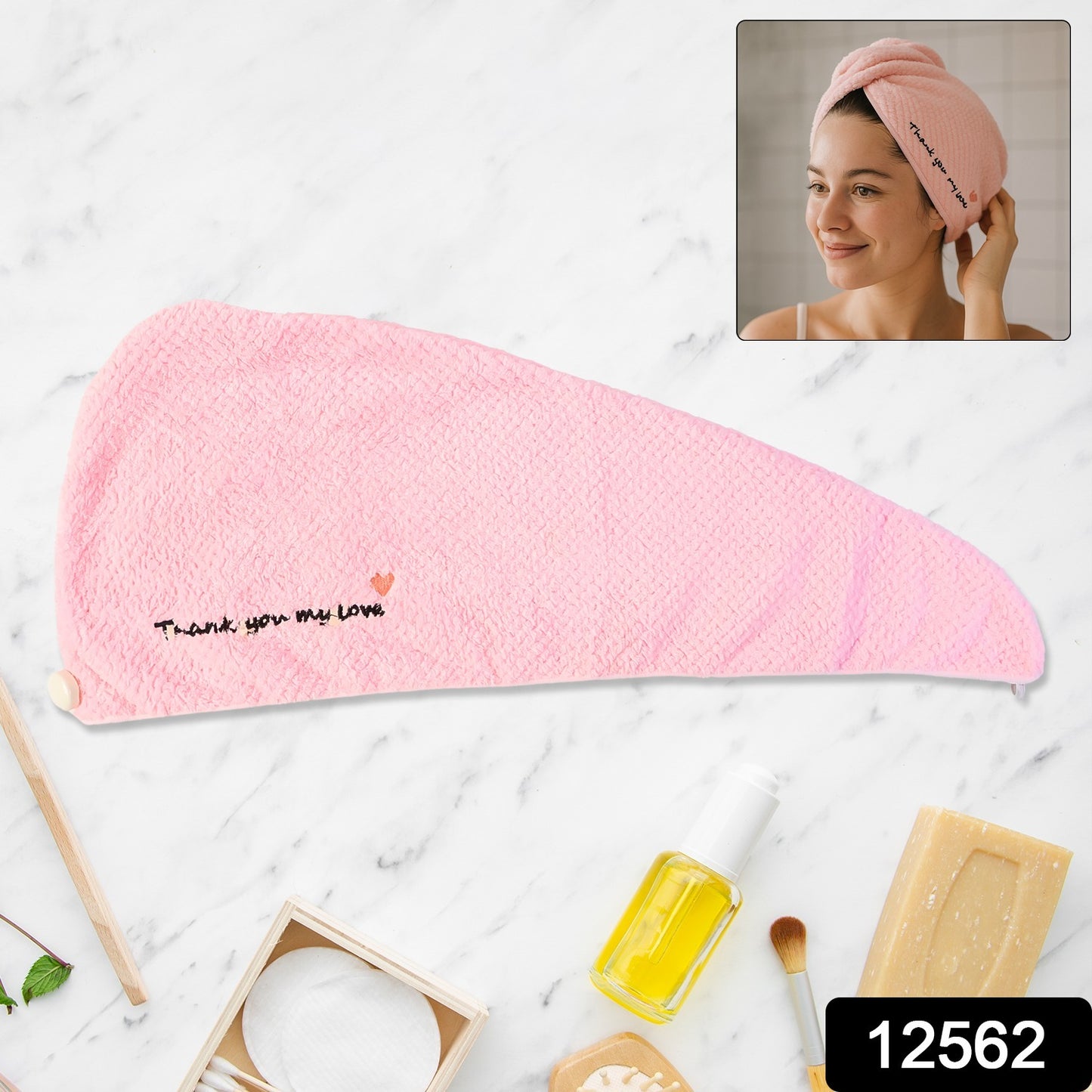 Wukusy ultra soft microfiber hair drying towel wrap with button lock, shown draped around a person's head for quick hair drying.