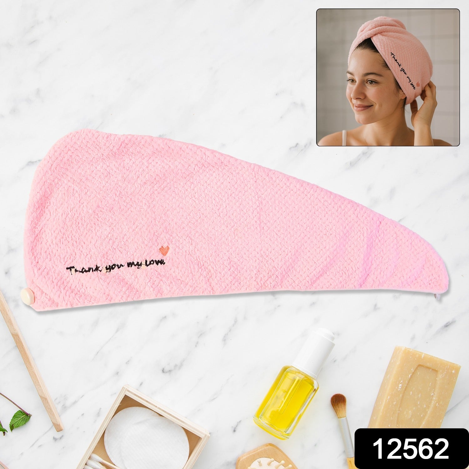 Wukusy ultra soft microfiber hair drying towel wrap with button lock, shown draped around a person's head for quick hair drying.