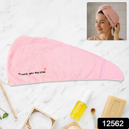 Wukusy ultra soft microfiber hair drying towel wrap with button lock, shown draped around a person's head for quick hair drying.