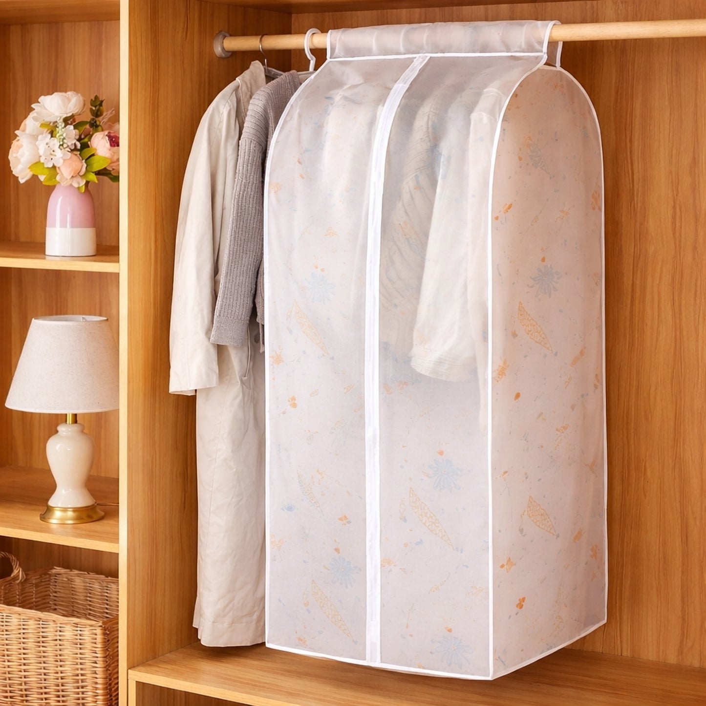 Wukusy premium hanging clothes storage cover bag showing clear plastic material and zipper opening, 120 cm long for wardrobe organization