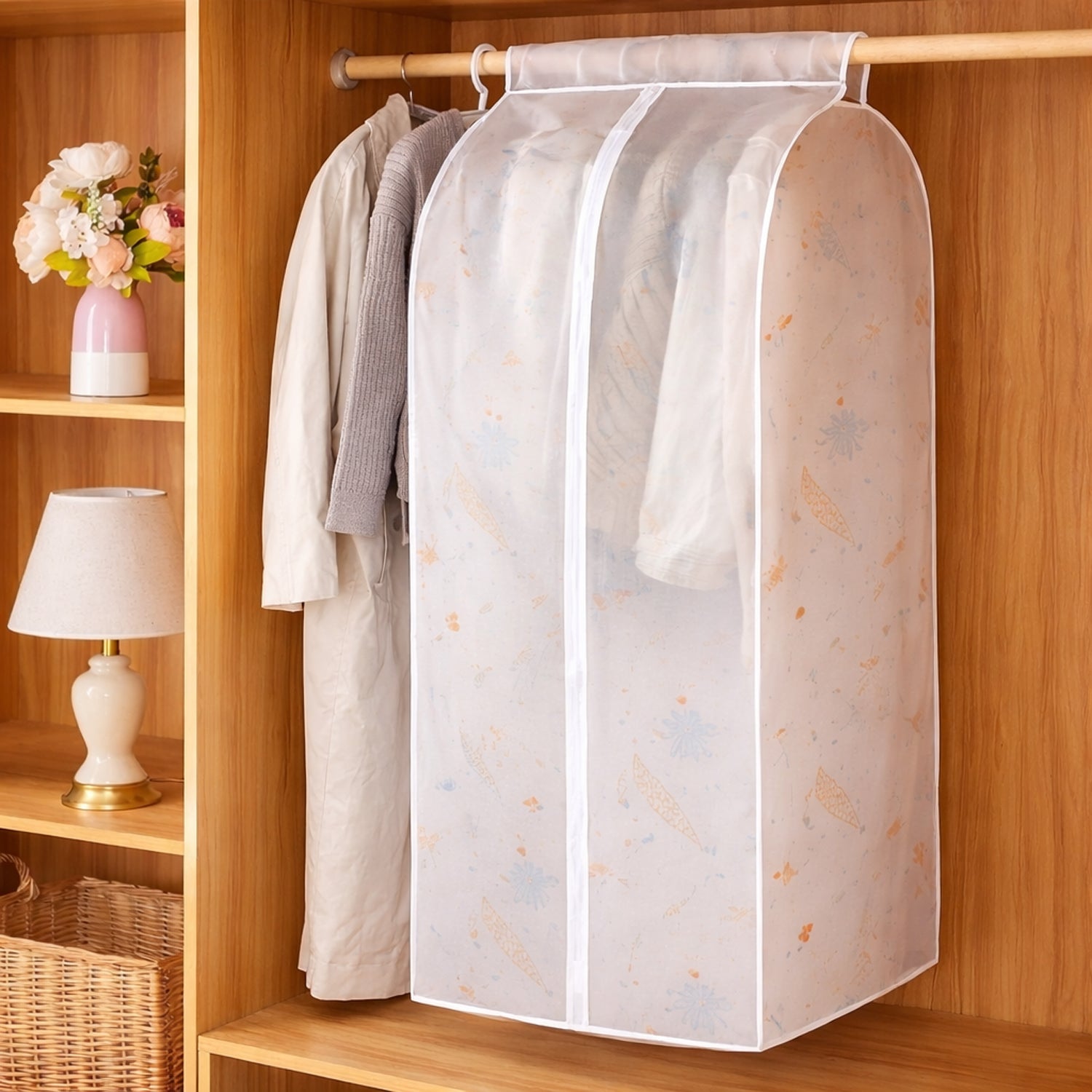Wukusy premium hanging clothes storage cover bag showing clear plastic material and zipper opening, 120 cm long for wardrobe organization