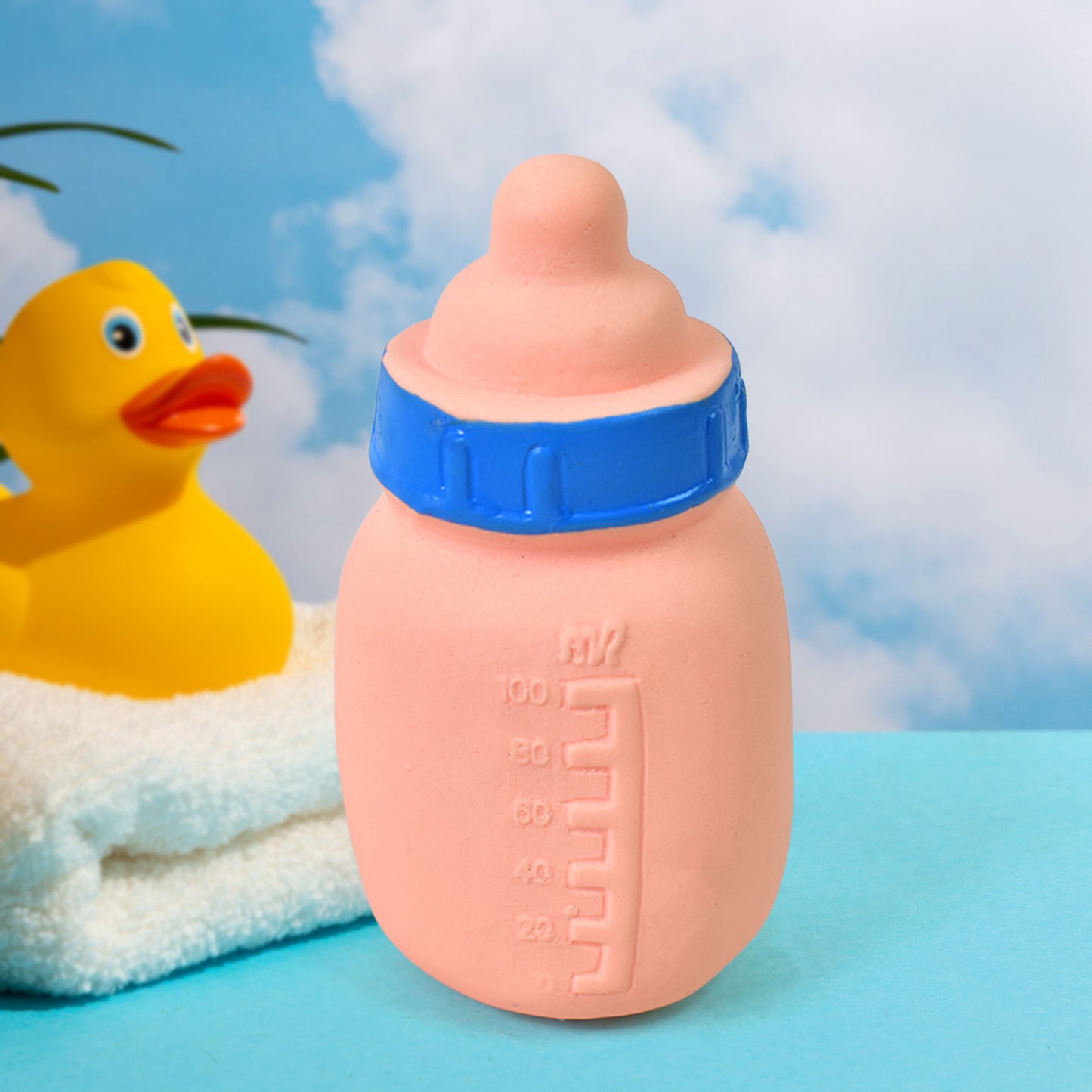Two Wukusy Baby and Bottle Squeeze Chu Chu Fun Toys for babies, colorful and soft, designed for fun and sensory play.
