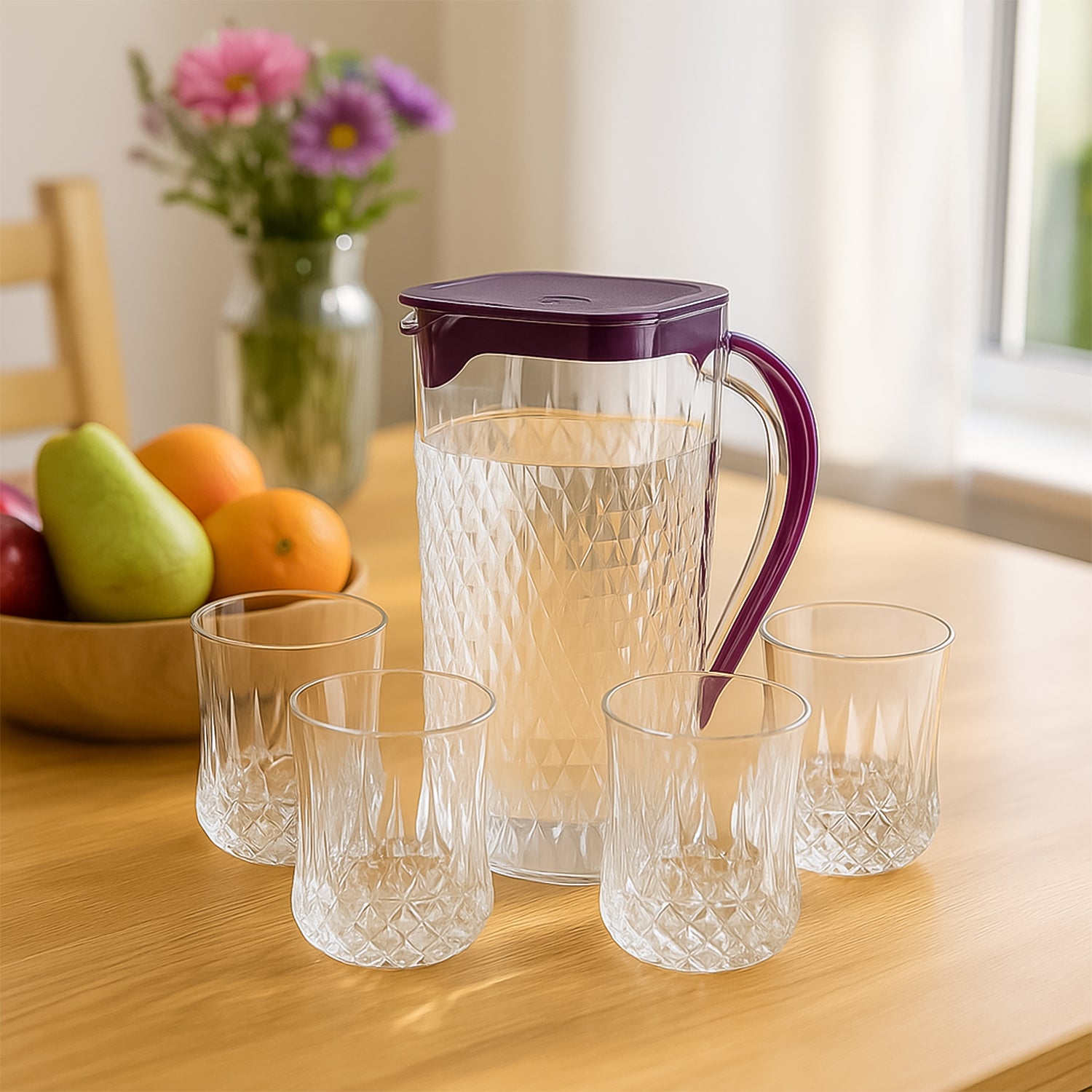 Wukusy Supermom Roma plastic jug and glass set with five pieces, including a large jug and matching glasses for home and kitchen use.