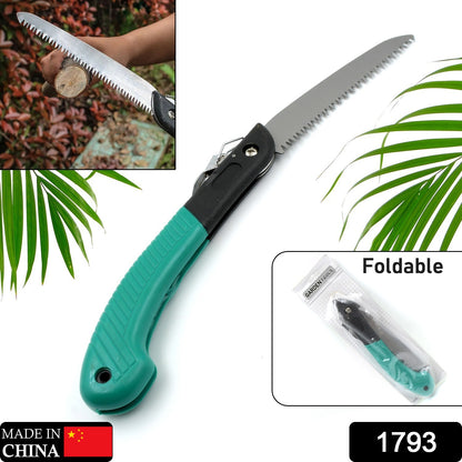 Wukusy 1793 Folding Handsaw for pruning, camping, and gardening, with a sharp blade cutting wood, PVC, and bone.