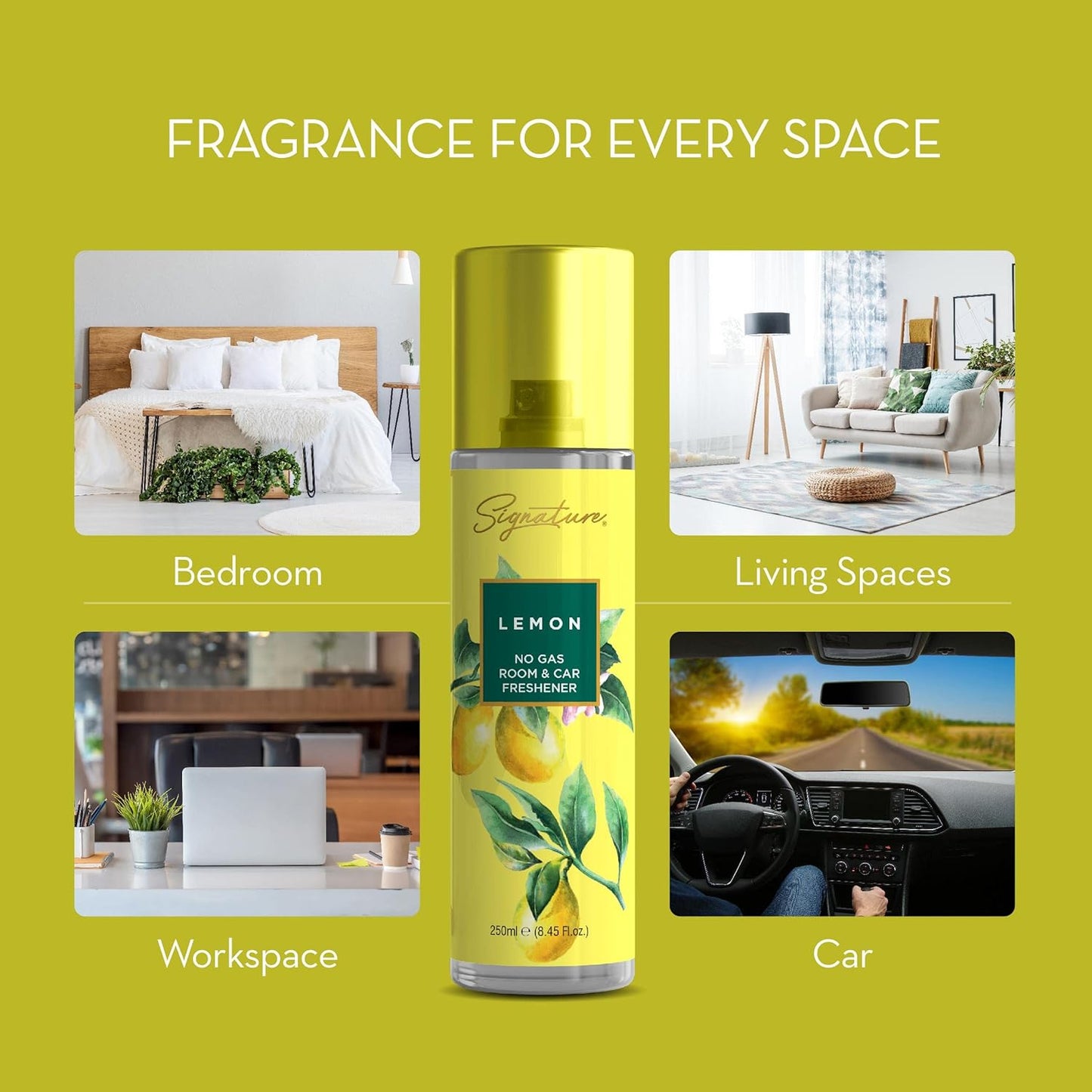 Wukusy Signature Lemon Room Car Freshener Spray 250ml, fresh lemon scent in a sleek spray bottle for car interior freshness.