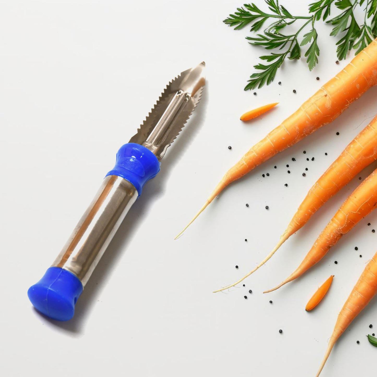 Wukusy 2-in-1 stainless steel vegetable peeler with hanging ring for peeling and shredding carrots, potatoes, and fruits.