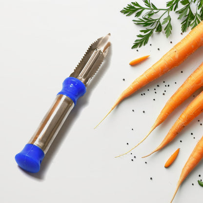 Wukusy 2-in-1 stainless steel vegetable peeler with hanging ring for peeling and shredding carrots, potatoes, and fruits.