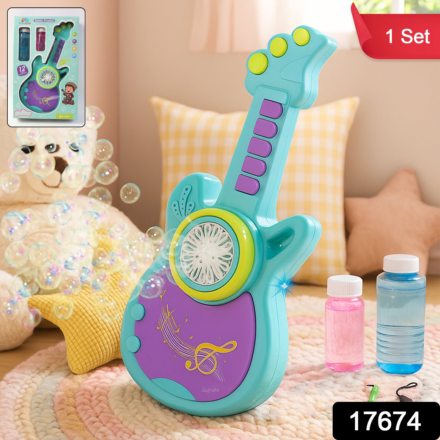 Electric automatic guitar-shaped bubble machine toy by Wukusy producing bubbles, shaped like a guitar with colorful lights.