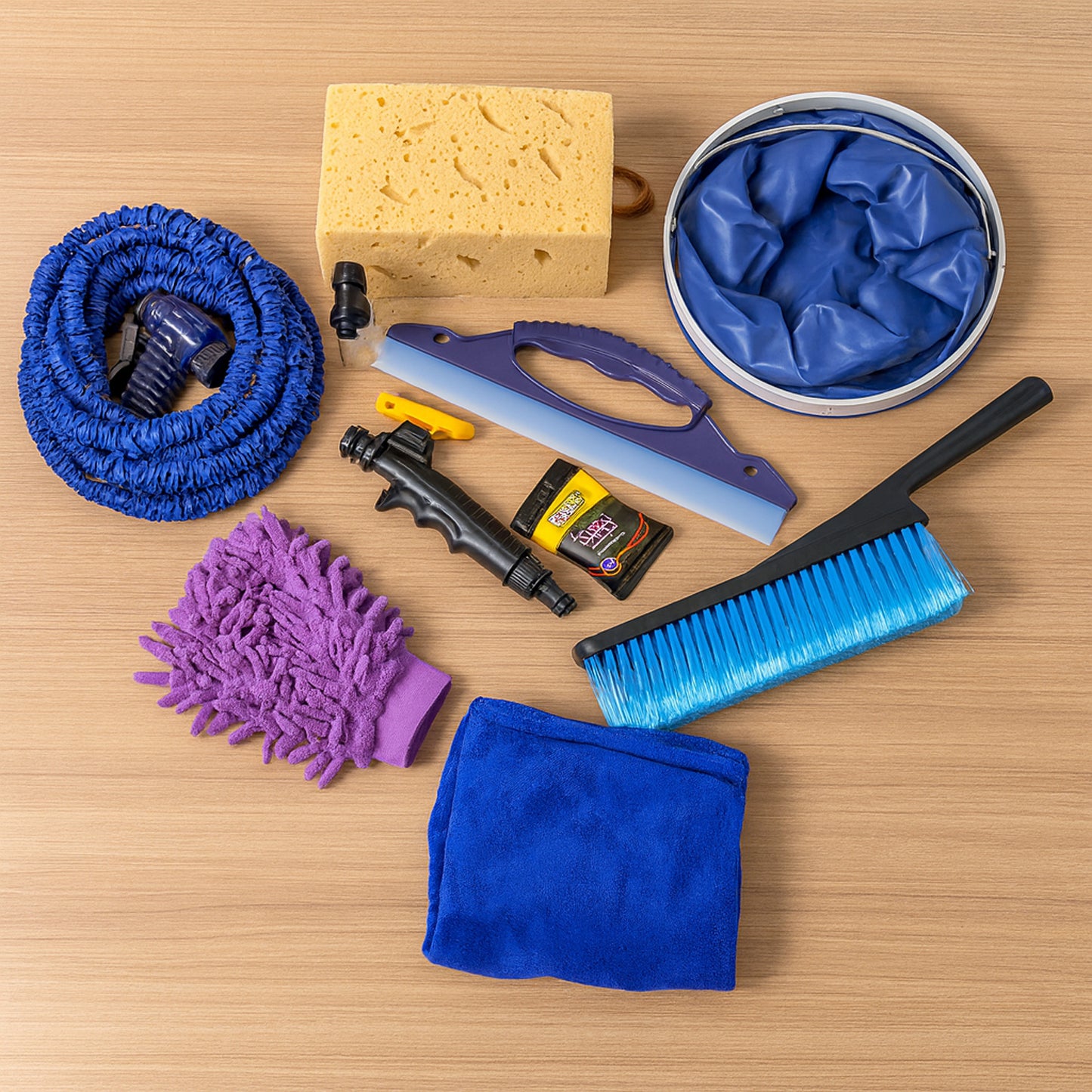 Wukusy 9-in-1 car washing and cleaning kit accessories set with various brushes, sponges, and tools for vehicle detailing.