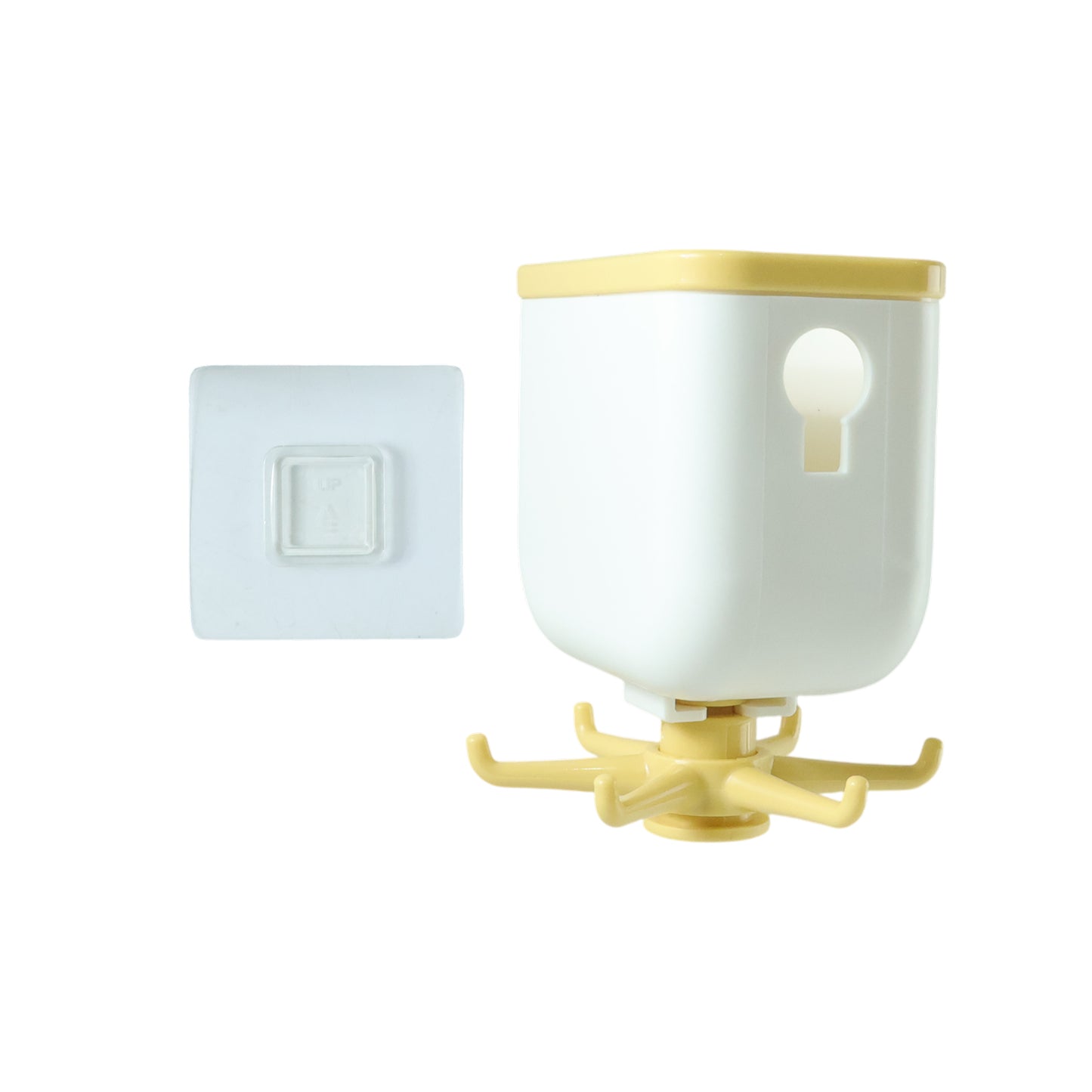 Wukusy 360 rotating heavy-duty sticky wall hook mounted on a wall, showing its durable design and versatile hanging function
