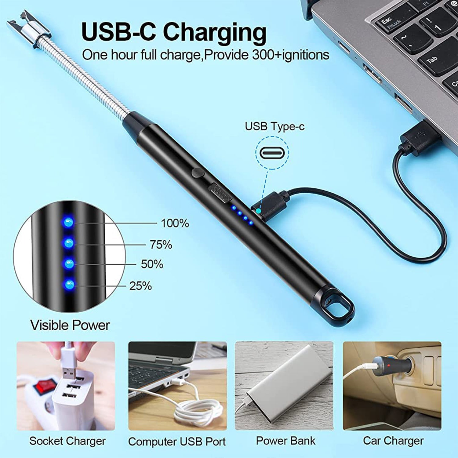 Wukusy long flexible electric plasma lighter with USB recharge port, windproof flameless design, shown in a home improvement setting