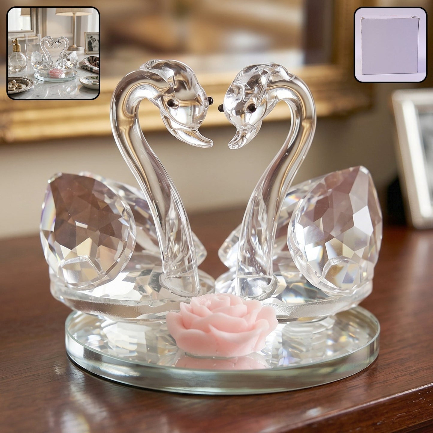 Pair of crystal glass swan figurines by Wukusy, elegant decorative couple swan showpiece for home decor or display.