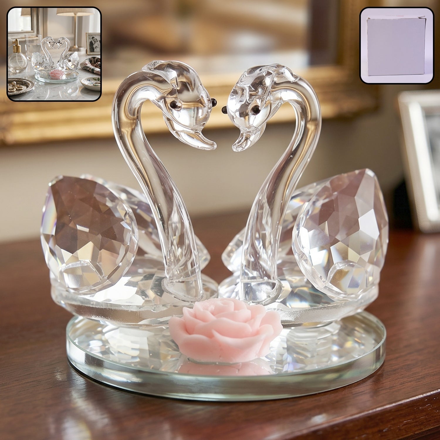 Pair of crystal glass swan figurines by Wukusy, elegant decorative couple swan showpiece for home decor or display.