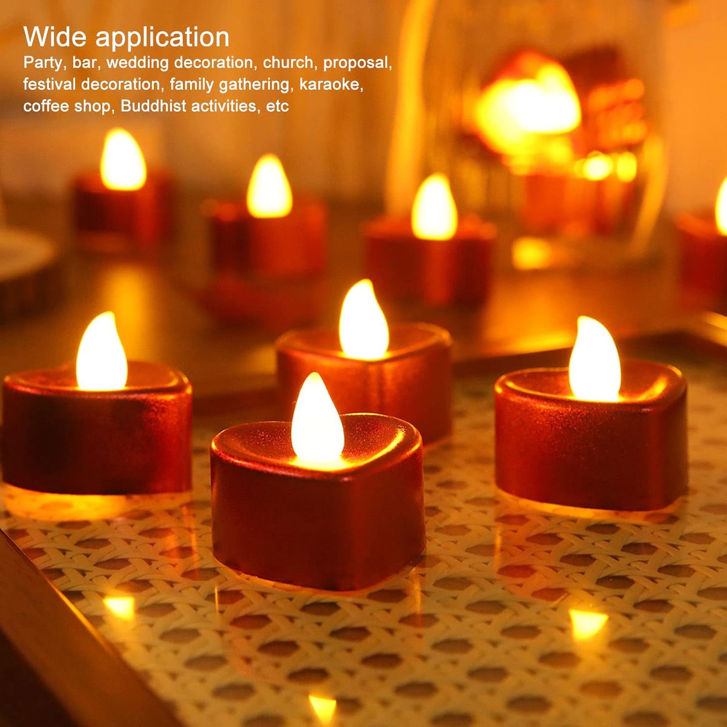 Heart-shaped LED tea light candles in mixed colors, perfect for home decor, by Wukusy, set of 12.