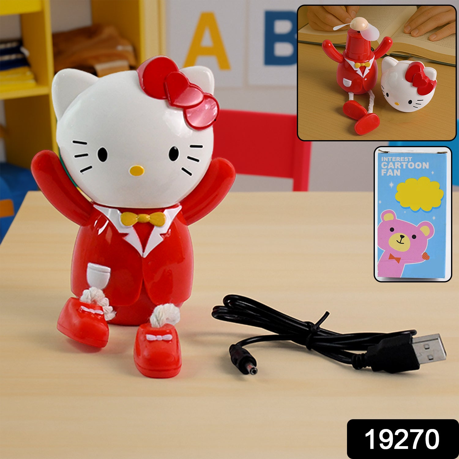 Wukusy USB cartoon character mini table fan for kids, compact office fan with colorful cartoon design and adjustable settings.