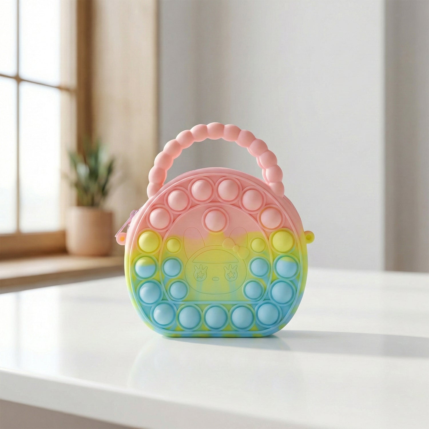 Rainbow round silicone Pop It coin purse by Wukusy with colorful, textured silicone surface and compact coin storage design.