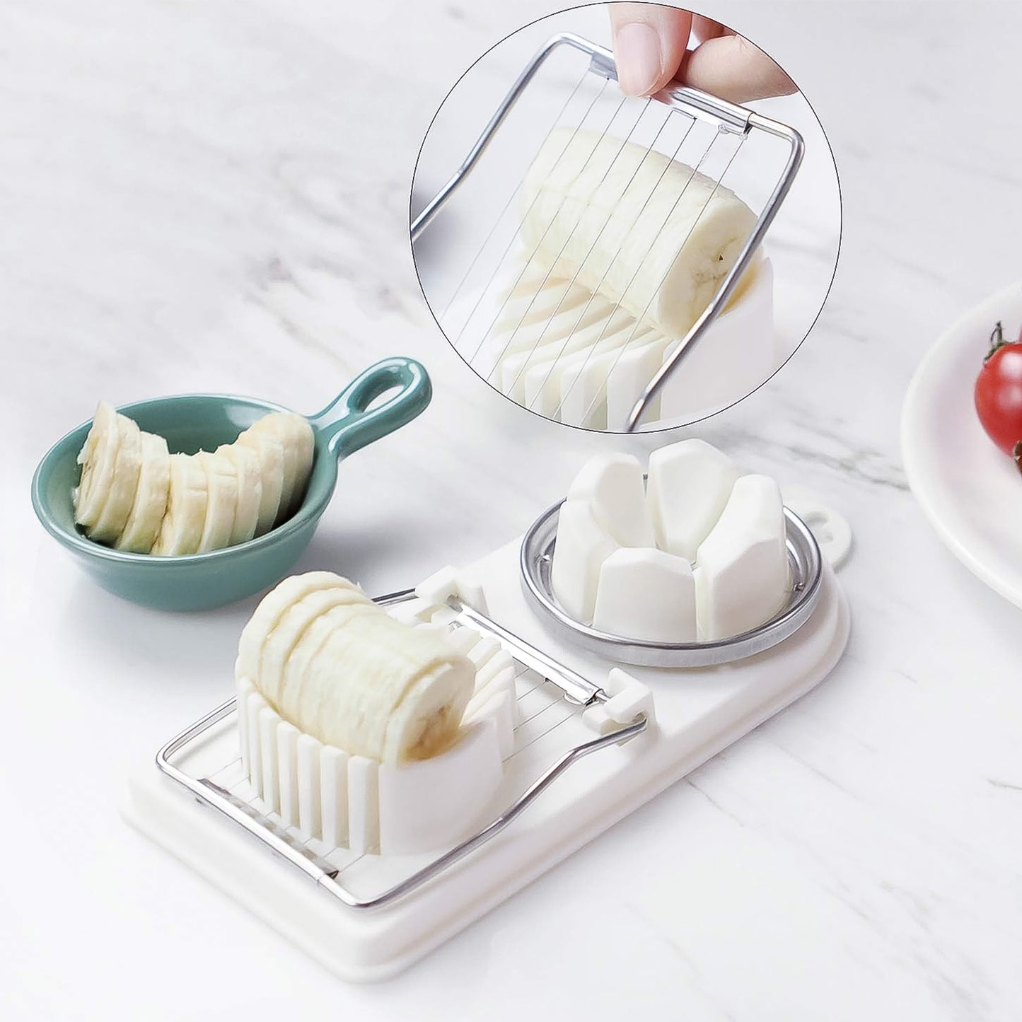 Wukusy 2-in-1 egg slicer and cutter for hard boiled eggs, compact kitchen tool for easy egg slicing and chopping.