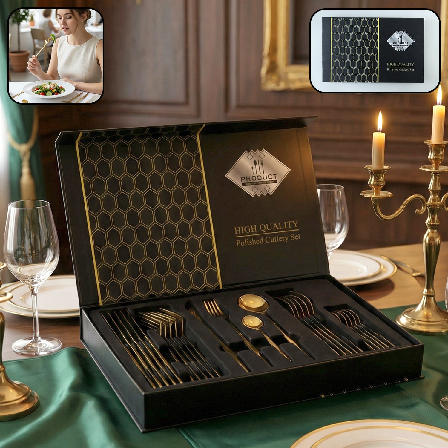 Wukusy premium gold finish stainless steel cutlery set with 24 pieces arranged in a luxury gift box, showcasing forks, knives, and spoons.