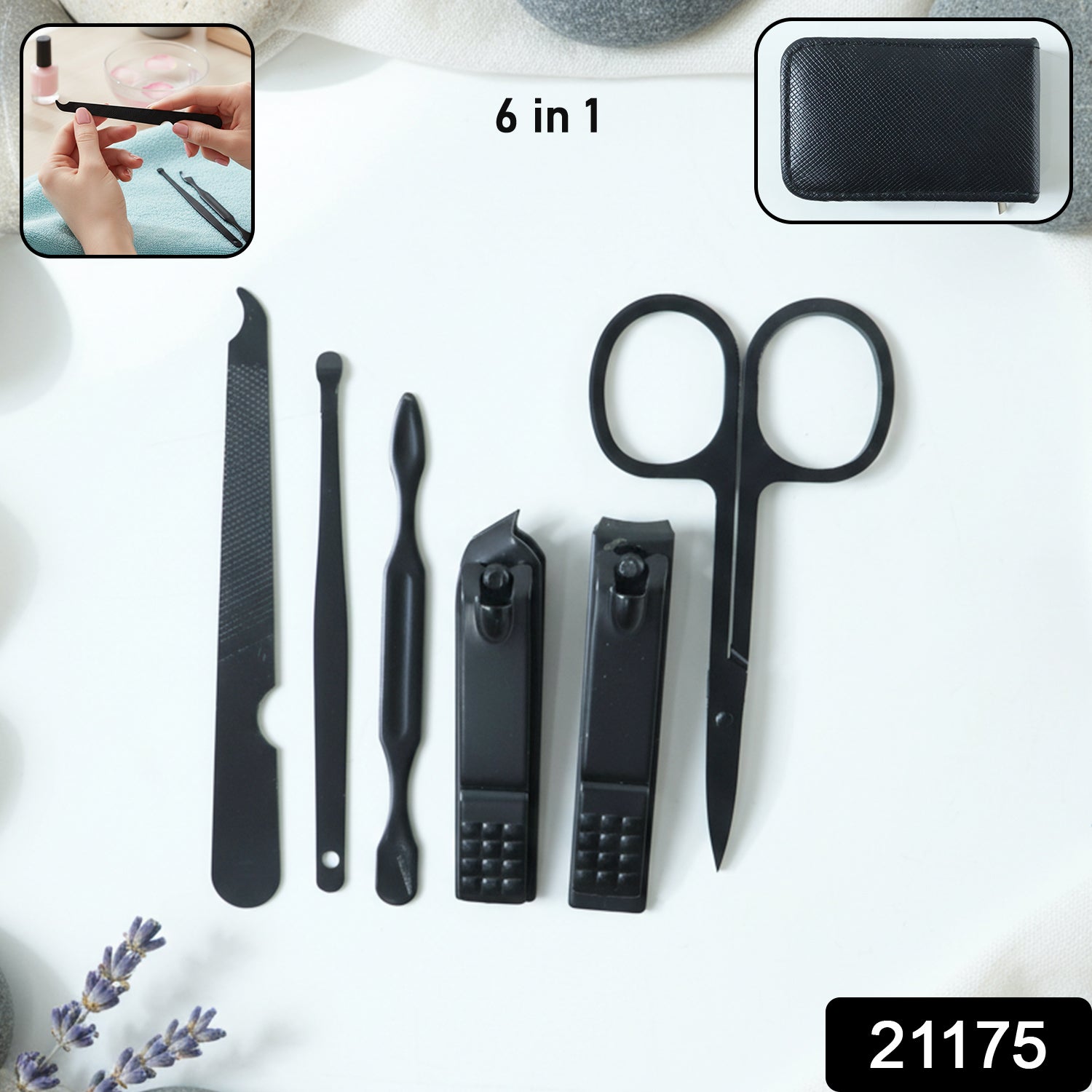 Wukusy 6-in-1 professional manicure and pedicure grooming tool set with various nail care tools arranged in a case.