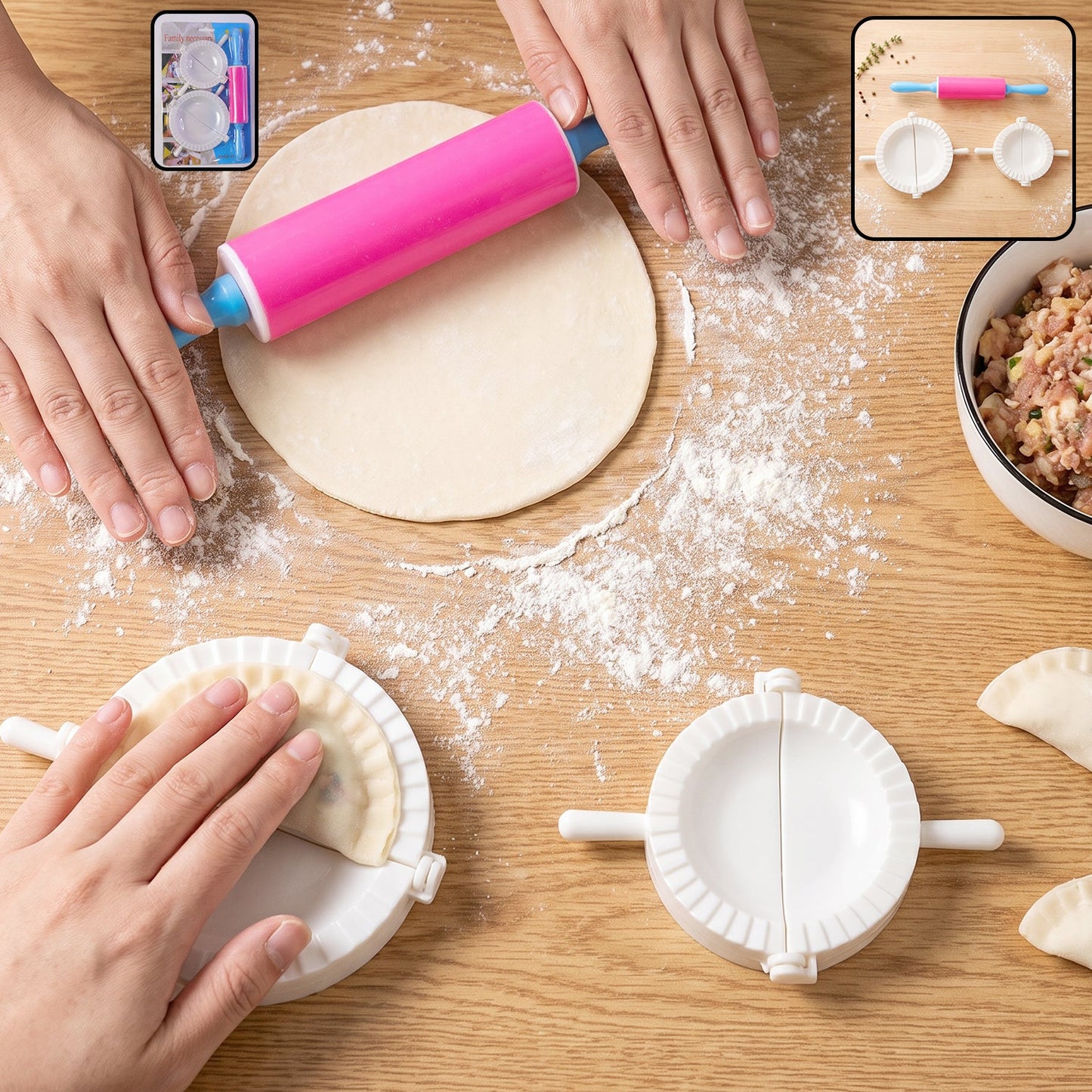 Wukusy dumpling maker mould set with mini rolling pin for momo and gujiya, showing the moulds and rolling pin on a wooden surface.