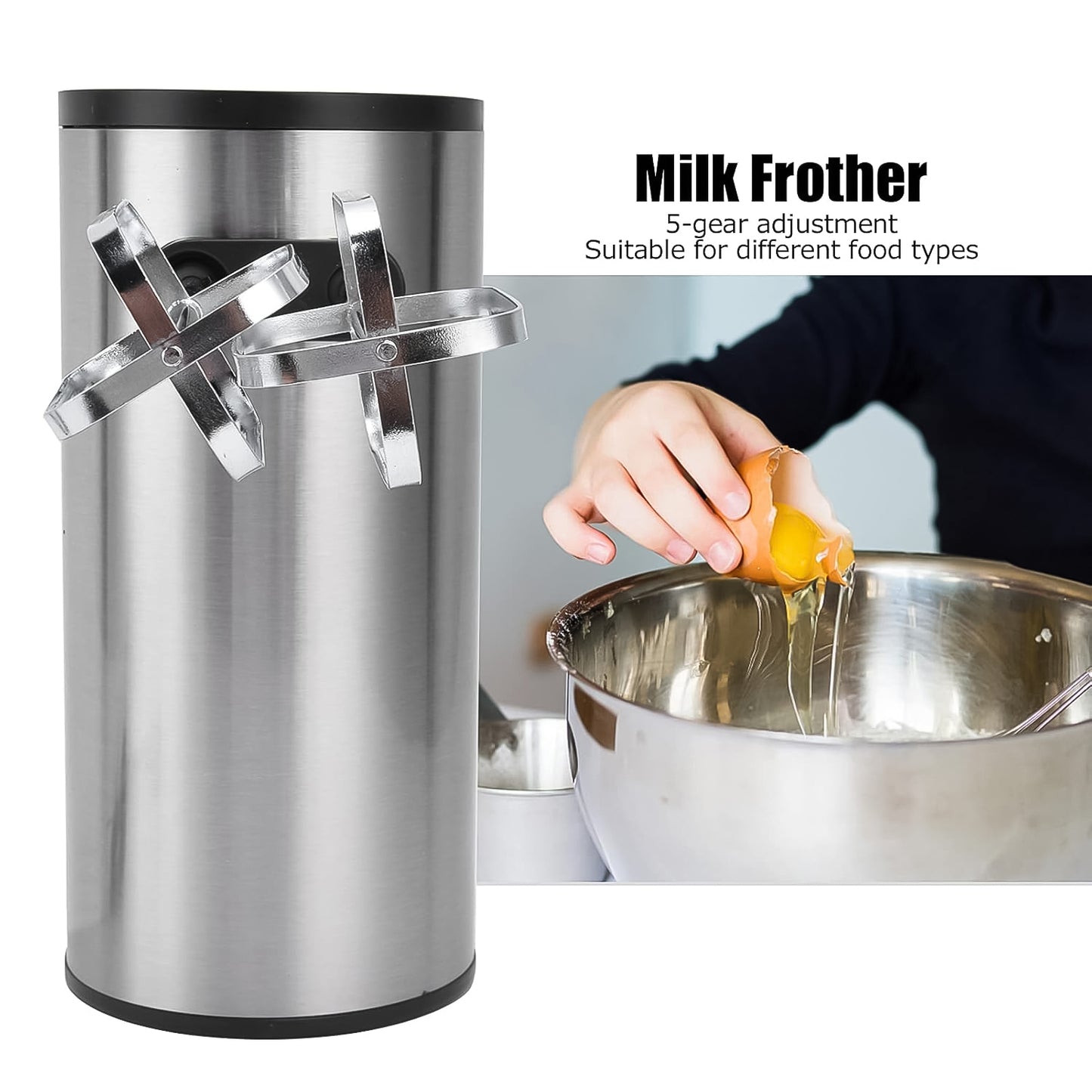 Wukusy Orbit stainless steel electric hand mixer with 450W motor, showing the mixer with beaters attached for baking and cooking.