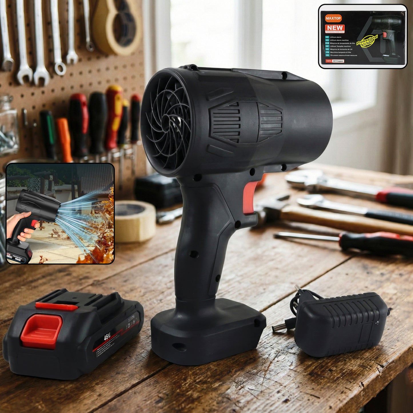 Wukusy high-power cordless leaf blower fan with rechargeable battery, showing the handheld device with air vents and control buttons.
