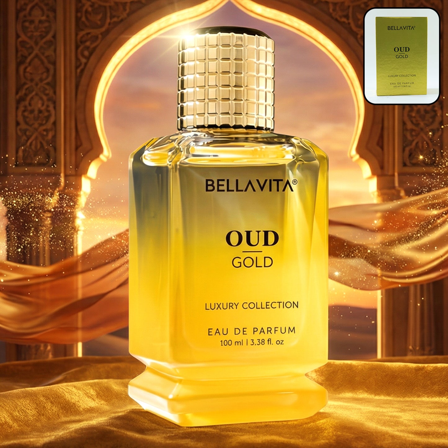 Wukusy Bellavita Premium Oud Gold luxury perfume bottle, 100ml, with elegant gold accents and ornate design.