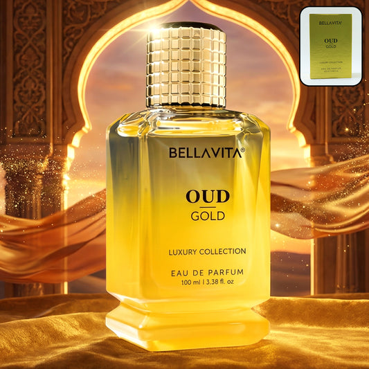 Wukusy Bellavita Premium Oud Gold luxury perfume bottle, 100ml, with elegant gold accents and ornate design.