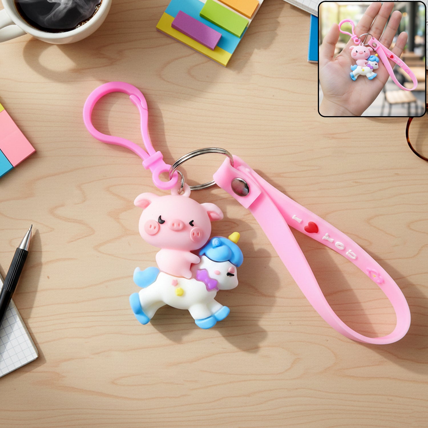 Cute pig riding a unicorn cartoon keychain by Wukusy, featuring colorful, whimsical design with detailed pig and unicorn characters.