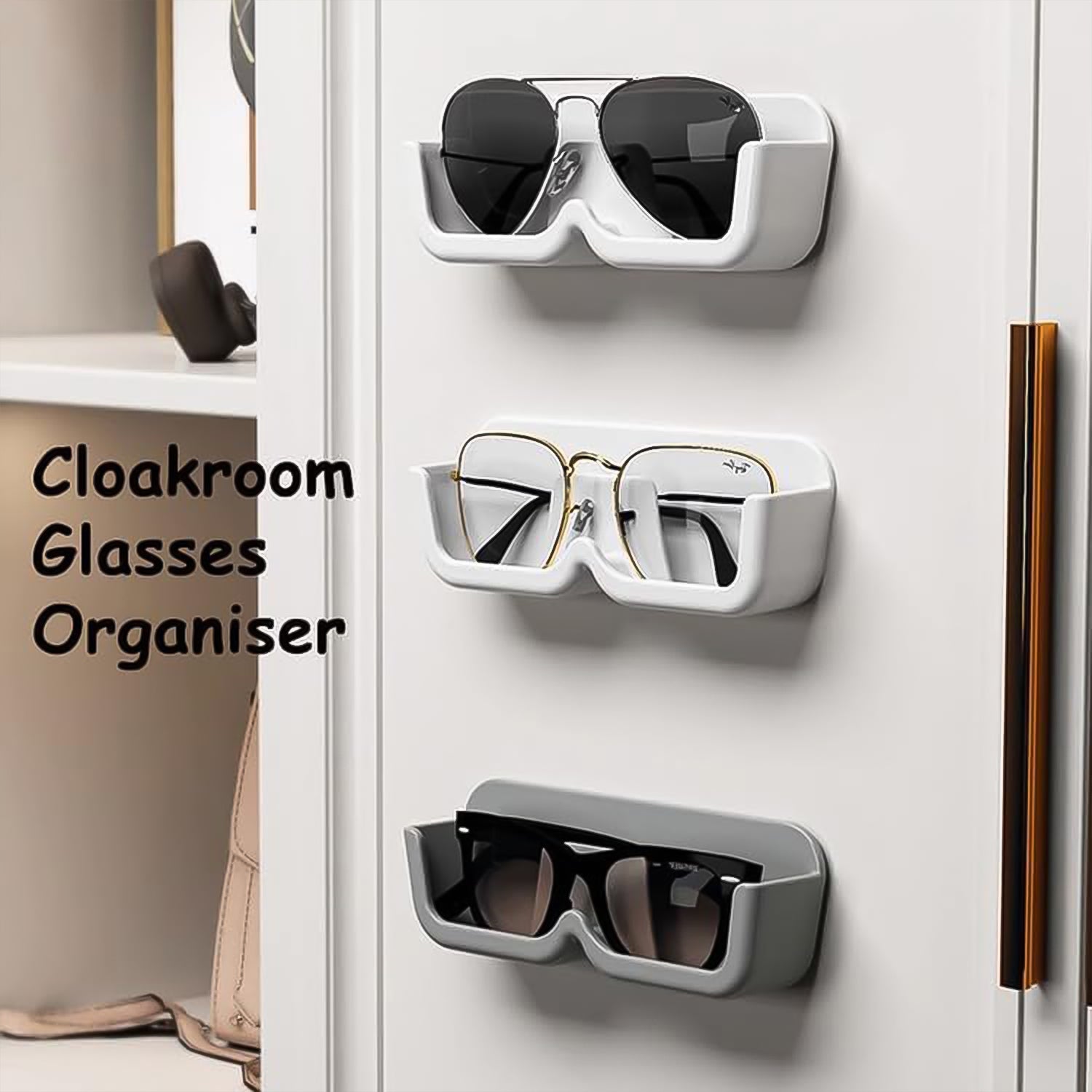 Set of four Wukusy wall-mounted sunglasses holders for organized storage and easy access in home improvement spaces.