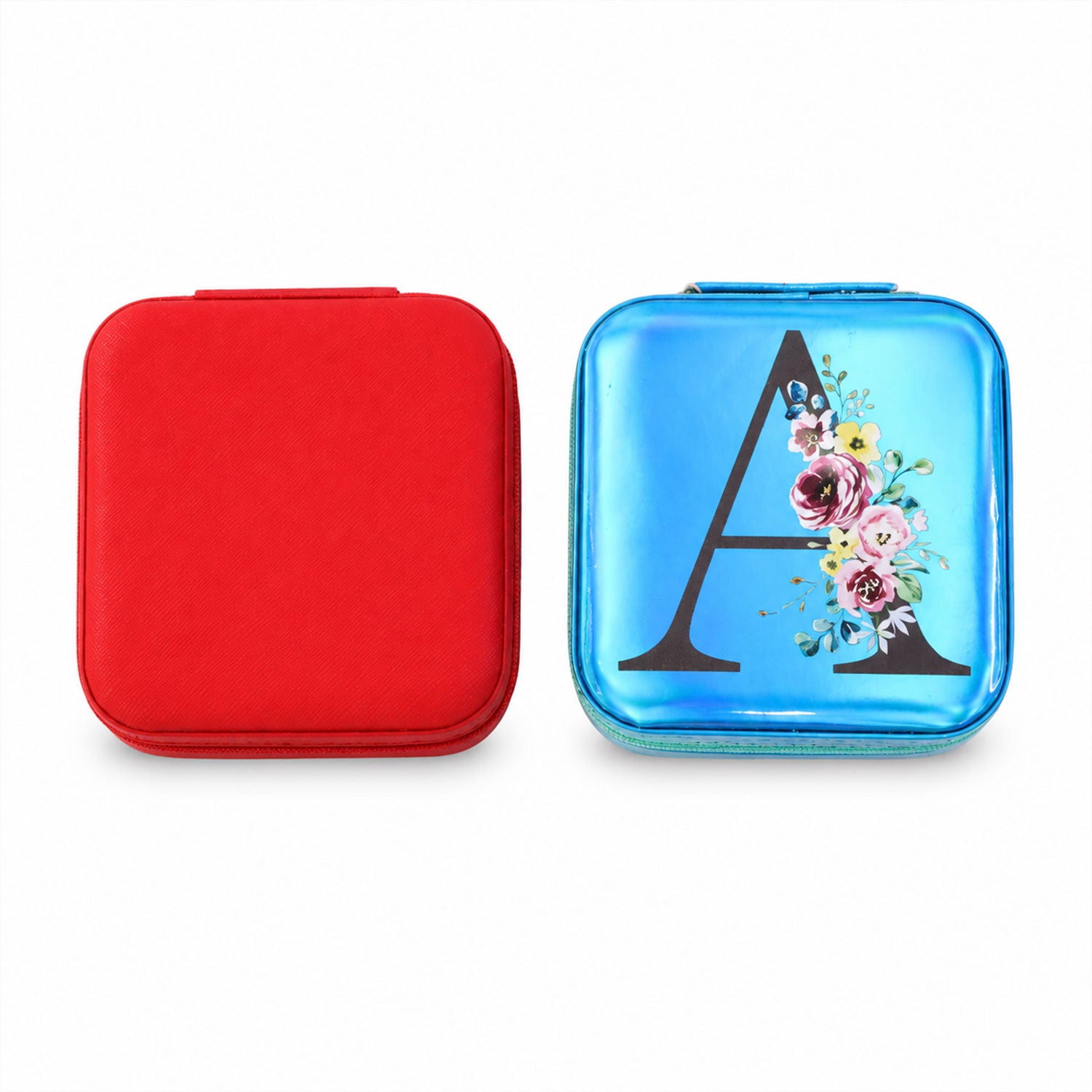 Mini jewelry organizer box with mirror by Wukusy, featuring compartments for rings and earrings, shown open with jewelry inside.