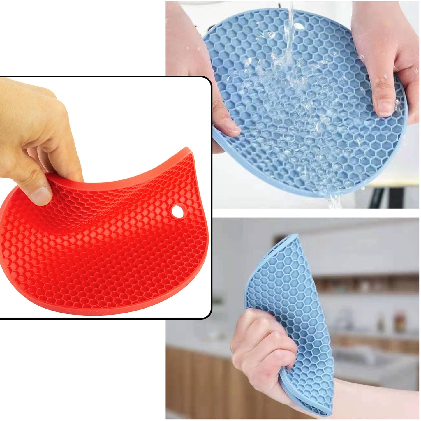 Wukusy 4778 silicone hot mat for breakfast, lunch, and dinner, placed on a table with food and utensils.