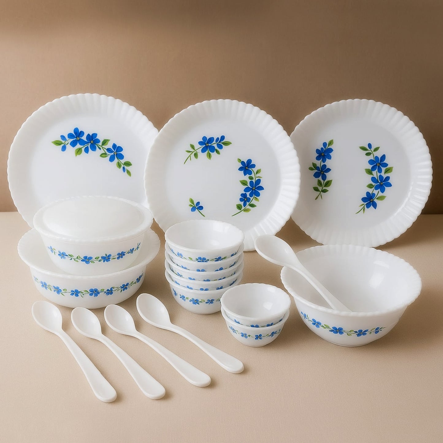 Wukusy 36-piece premium dinner set with elegant plates, bowls, and cups arranged on a dining table.