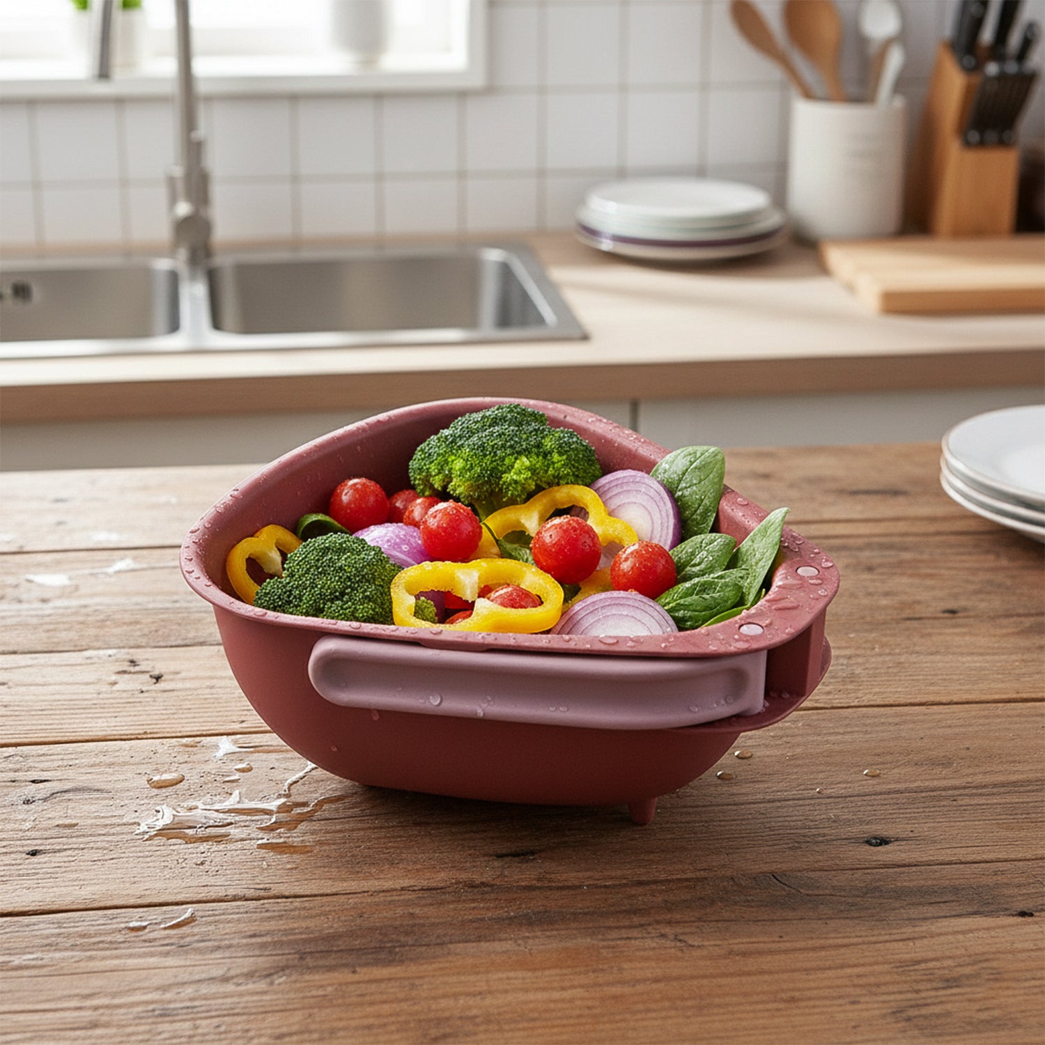 Wukusy Supermom kitchen colander with foldable handle and drain base, stainless steel, ideal for draining pasta and vegetables