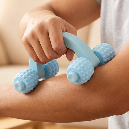 Wukusy handheld 4-roller body massager for muscle relaxation, shown with arms, legs, and back muscles.